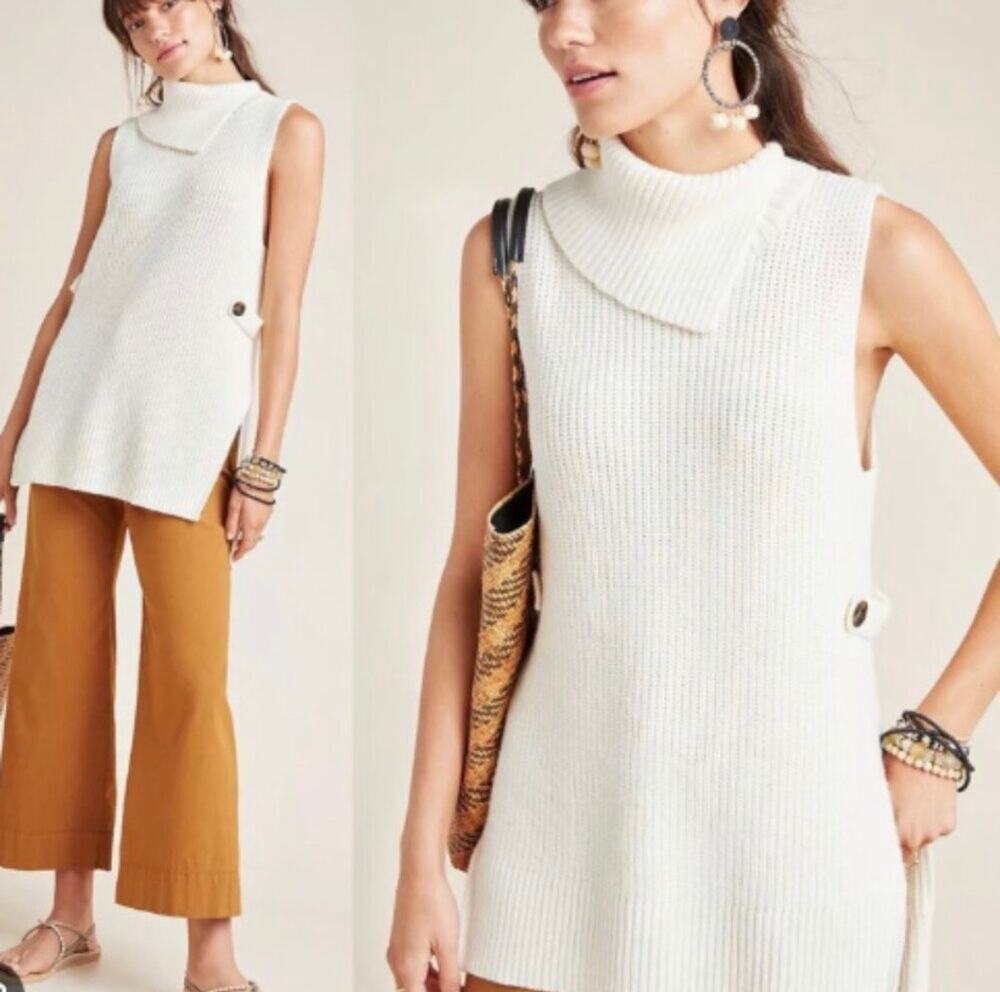 Anthropologie Alexa Cream Sleeveless Split Cowl Neck Tunic Sweater Small